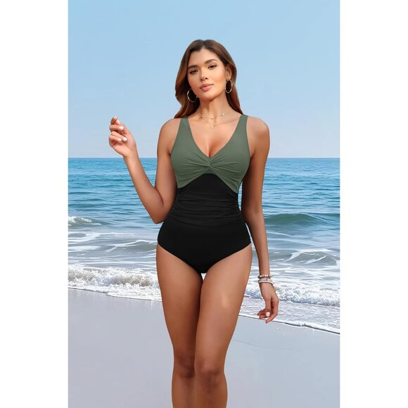 Holipick Women Green and black Tummy Control One Piece Push Up Bathing Swimsuit - Picture 4 of 6